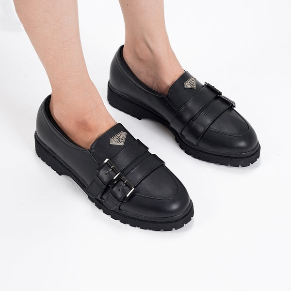 Zela Black Platform Loafers Shoes Wanita